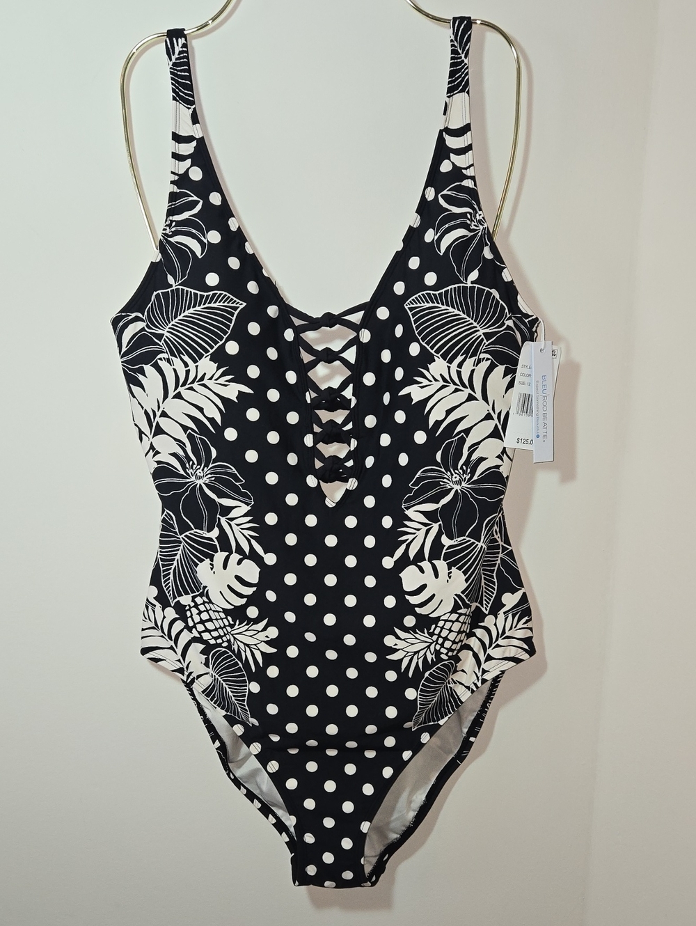 Bleu Rod Beattie Black & Cream Polka Dot Floral Lace-Up One-Piece NWT Size 12